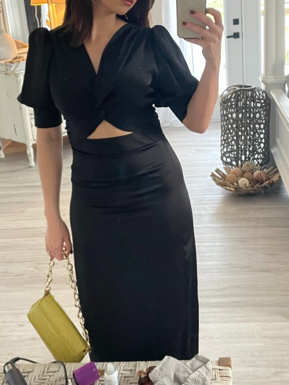 Black Maxi Dress with Twist Cutout and Puff Sleeves size M